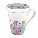 Becher Tasse One-Hand-Topper mit Deckel Schweinchen Porzellan