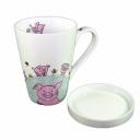 Becher Tasse One-Hand-Topper mit Deckel Schweinchen Porzellan