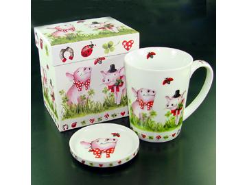 Tea-Mug with Lid Lucky Pigs in gift-box china porcelain