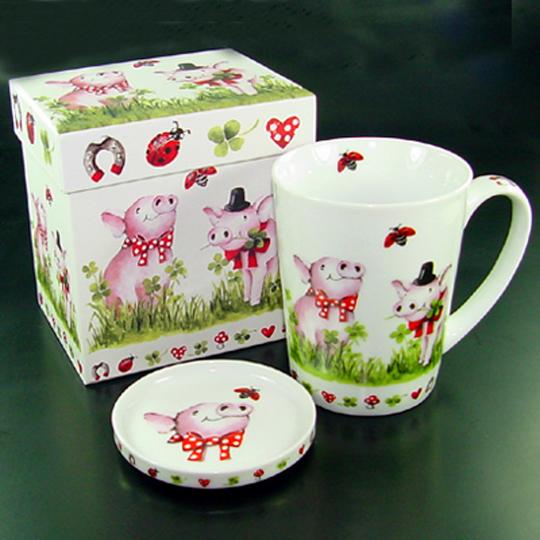 Tea-Mug with Lid Lucky Pigs in gift-box china porcelain