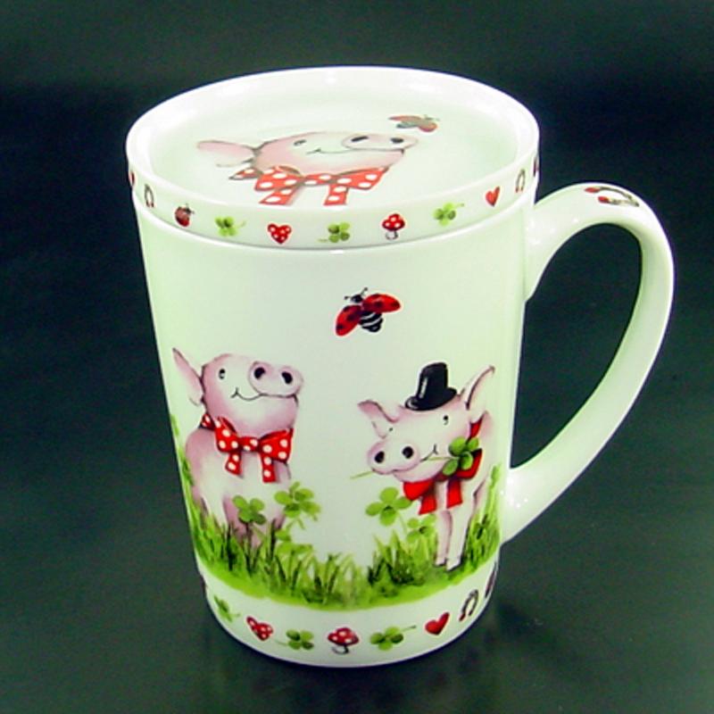 Tea-Mug with Lid Lucky Pigs in gift-box china porcelain