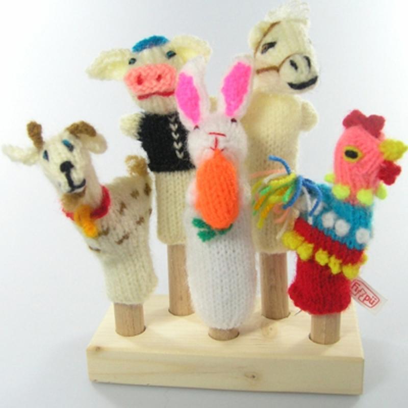 Finger-puppets farmstead 5 pcs. pig, rabbit, horse, rooster, goat knitted Bolivia and Peru