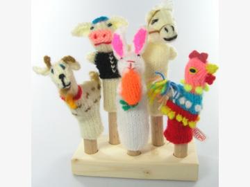 Finger-puppets farmstead 5 pcs. pig, rabbit, horse, rooster, goat knitted Bolivia and Peru
