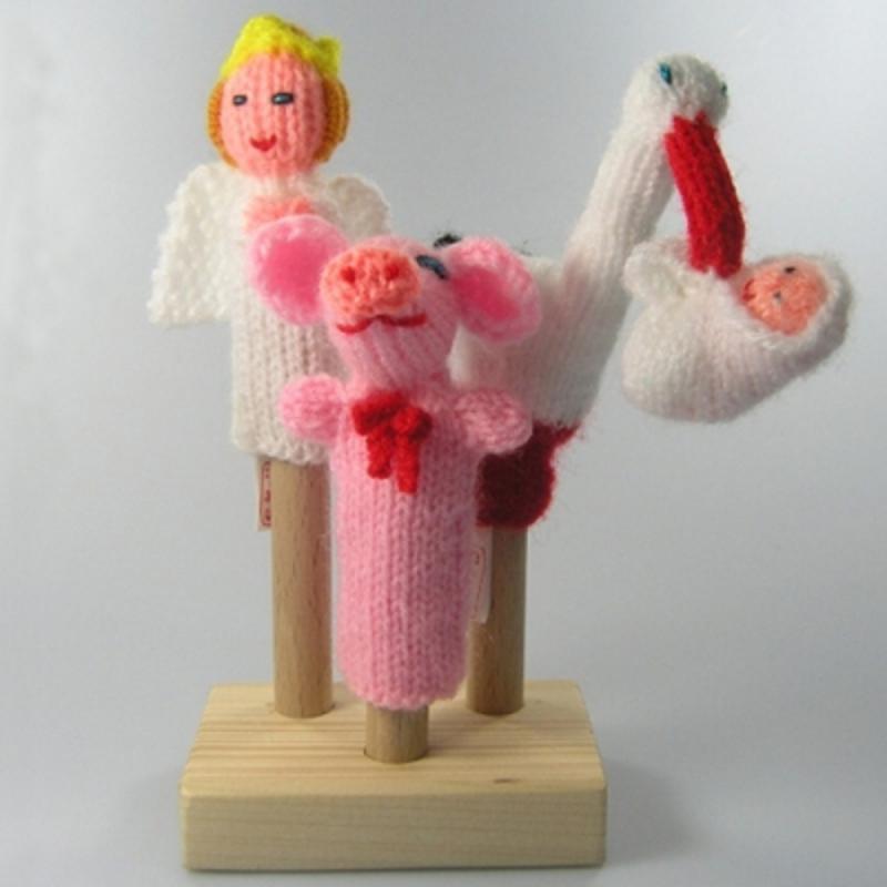 Finger-puppet Good-Luck-Trio stork with baby, pig, angel knitted Bolivia and Peru