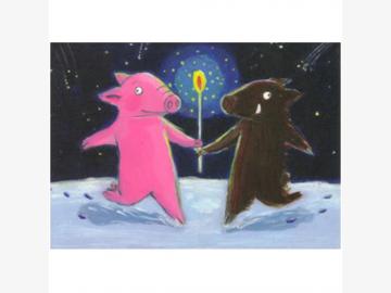Postcard Rosalie & Truffle. Merry Christmas. Pig a. Wild boar