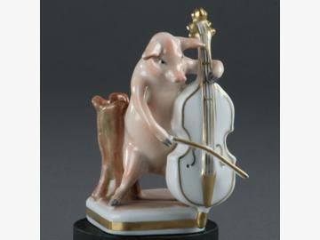 Musikant Baßgeige Schwein Porzellan. handbemalt . Porzellanmanufactur Plaue