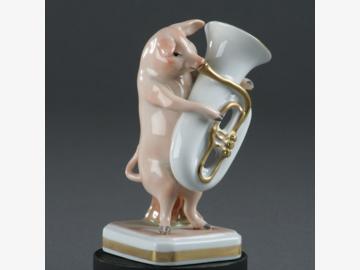Musician Contrabass Pig porcelain hand-painted Porzellanmanufactur Plaue