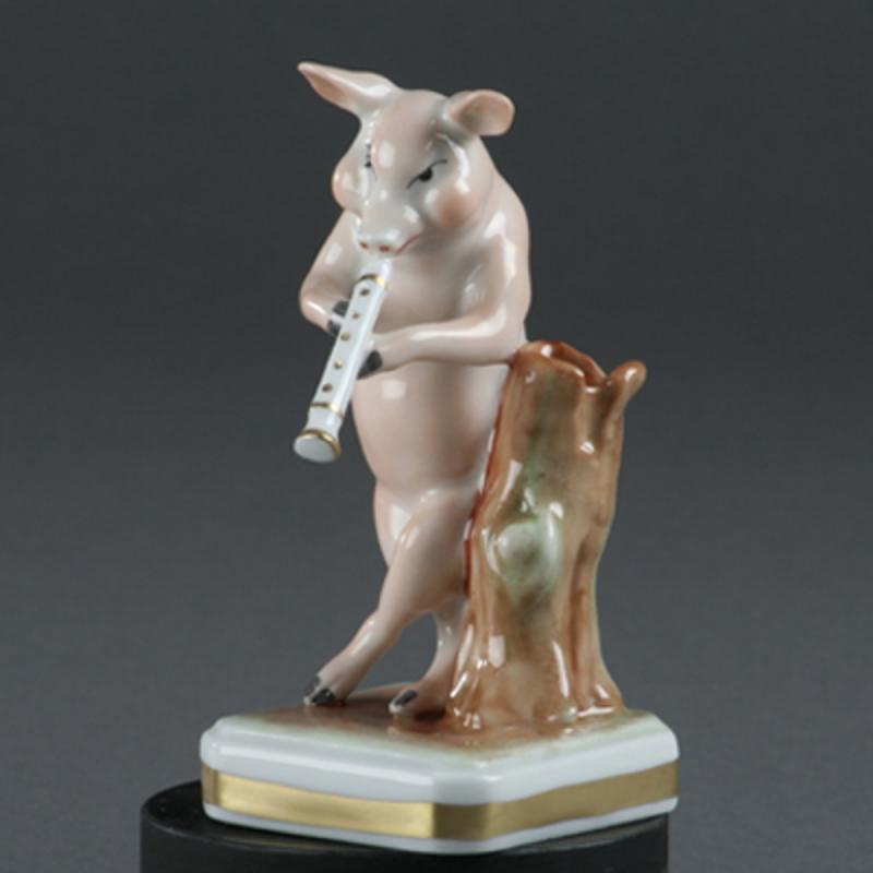 Musician Flute Pig porcelain hand-painted Porzellanmanufactur Plaue