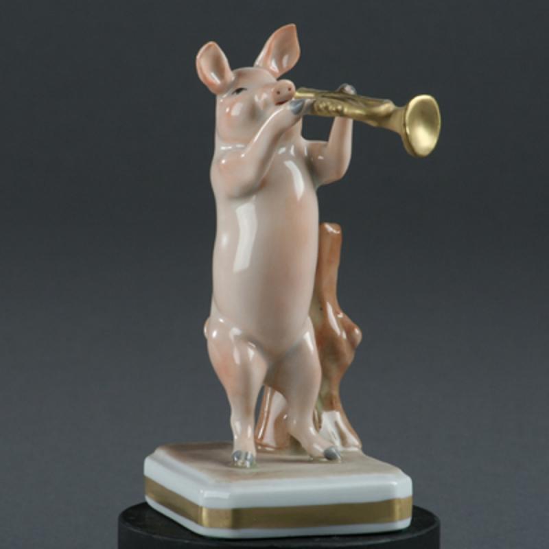 Musikant Trompete Schwein Porzellan. handbemalt . Porzellanmanufactur Plaue