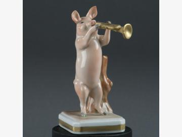 Musikant Trompete Schwein Porzellan. handbemalt . Porzellanmanufactur Plaue