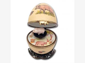 Eierförmige Spieluhr Schwein 7cm Limoges Porzellan Handgemacht by Fanex France
