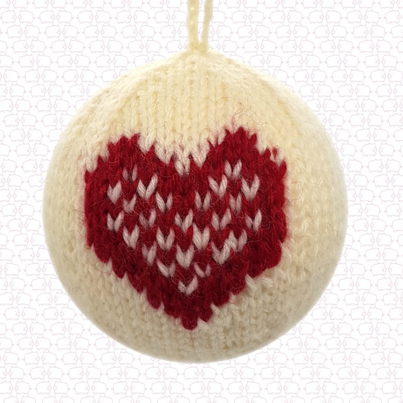 Knitted Christmas ornament Heart white-red handmade Wool/Styrofam 8cm