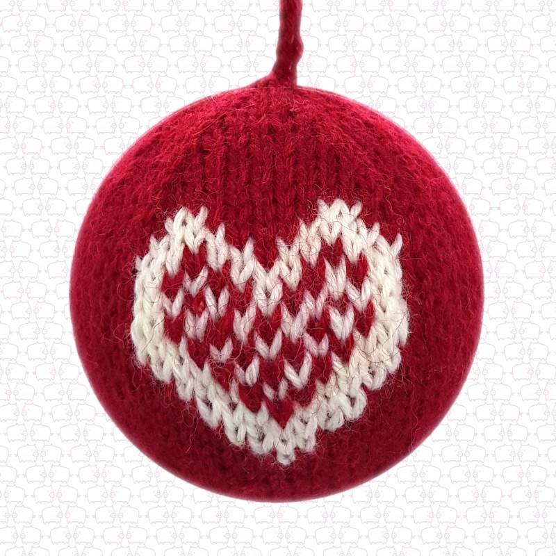 Gestrickte Weihnachtsbaumkugel Herz rot-weiss Handarbeit Wolle/Styropor 8cm