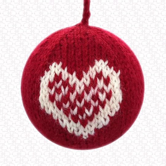 Knitted Christmas ornament Heart red-white handmade Wool/Styrofam 8cm