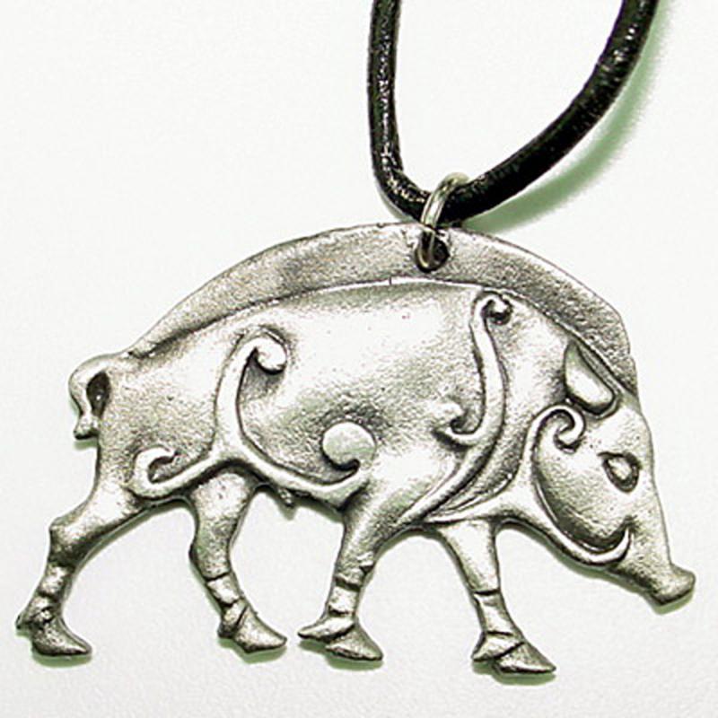 Chain with amulet Wild boar Sterling silver with chain from lether with gift box