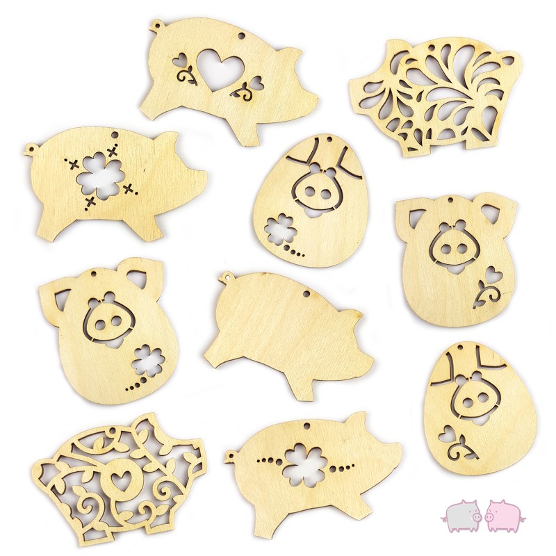 Holzschwein-Set 10 Stück Ornament Aufhänger Buche