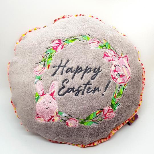 Cuddly Pillow Pig embroidered HAPPY EASTER  round 30cm