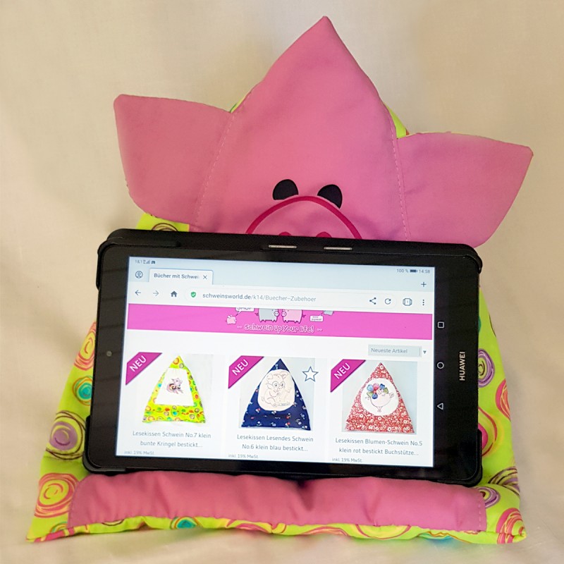 Lesekissen Schwein No.10 klein pink-bunte Kringel bedruckt Buchstütze PadKissen Smartphone-Kissen Tabletkissen