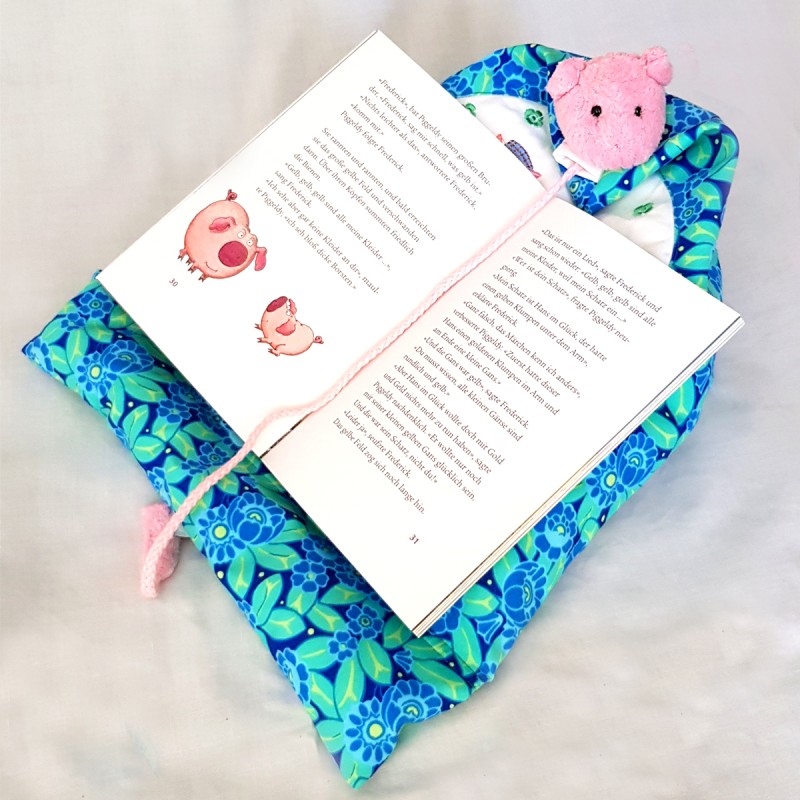 Bookend reading cushion Pig No.3 large green/blue embroidered  PadPillow Smartphone Pillow Tablet Pillow