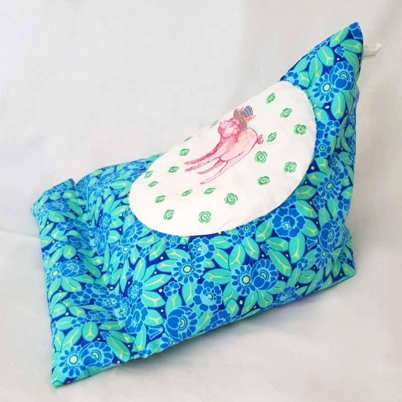 Bookend reading cushion Pig No.3 large green/blue embroidered  PadPillow Smartphone Pillow Tablet Pillow