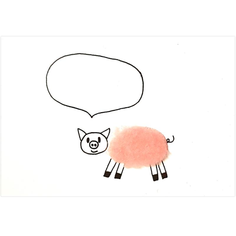 Plüsch-Postkarte Schwein. Sprechblase